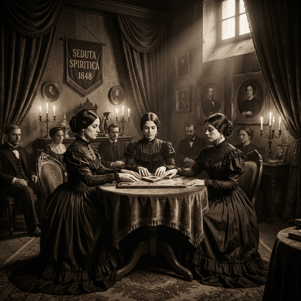 People in Victorian attire gathered for a seance titled Seduta Spiritica 1848.