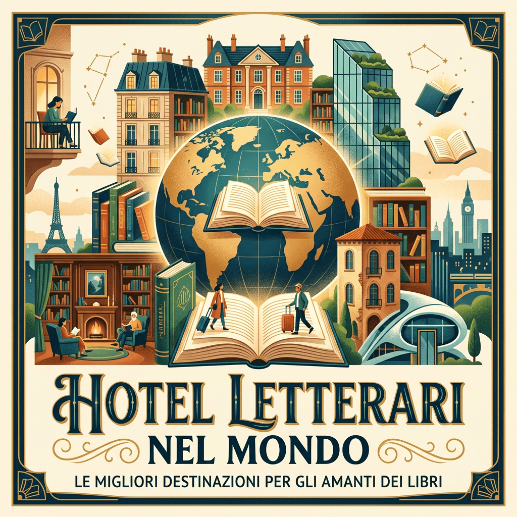Illustration of global literary-themed hotels with books and famous landmarks