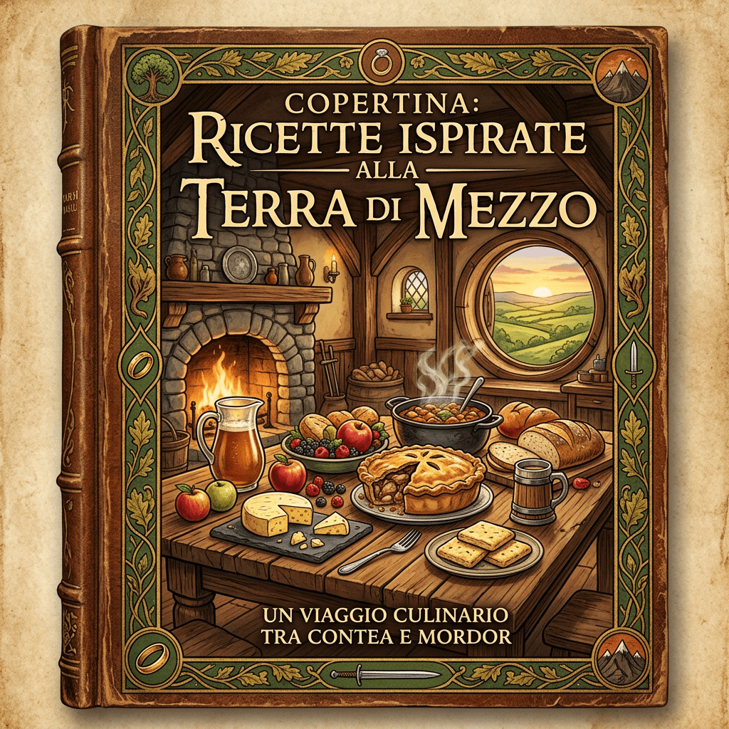 Cookbook cover with a rustic kitchen scene featuring bread, pie, cheese, fruits, stew, and a fireplace