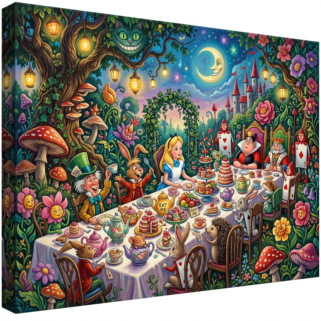 Alice sitting at a tea table surrounded by Wonderland characters including the Mad Hatter, White Rabbit, Queen of Hearts, and Cheshire Cat in a vibrant garden setting at night.