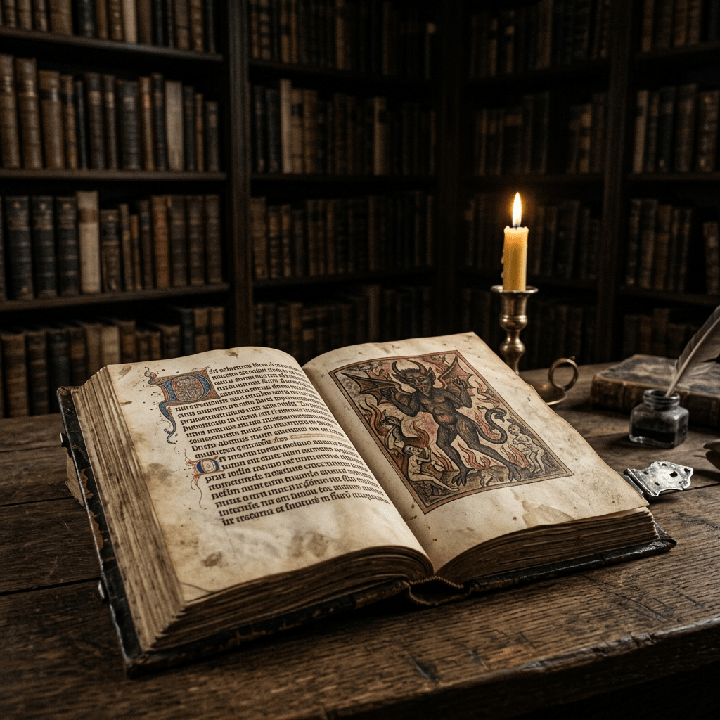 Open medieval manuscript showing text and devil illustration on wooden table with candle