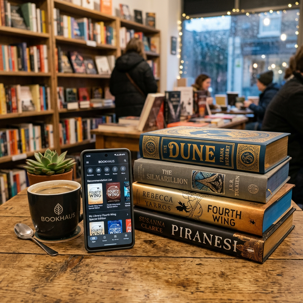 Stack of books, coffee cup, and smartphone with book app on wooden table in bookstore