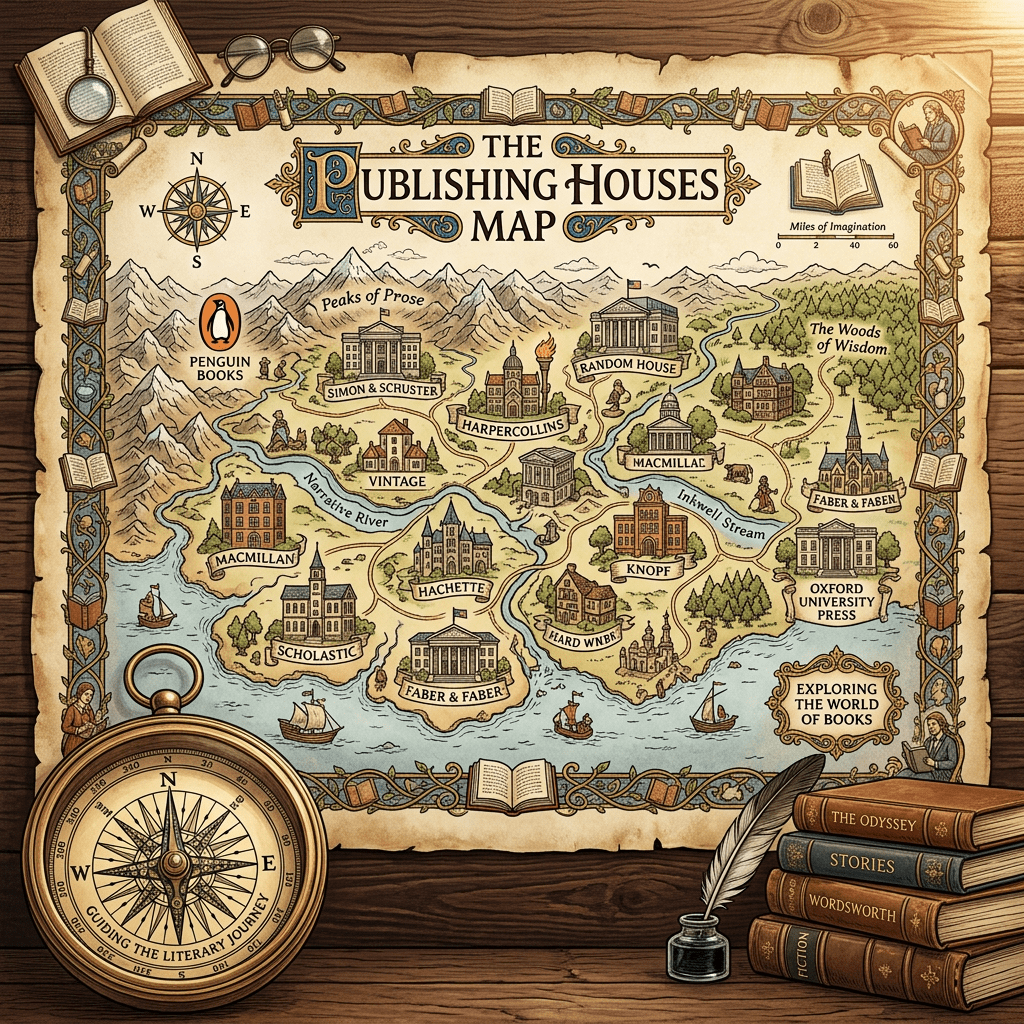 Map illustrating major publishing houses as buildings within a landscape featuring rivers, mountains, and forests.
