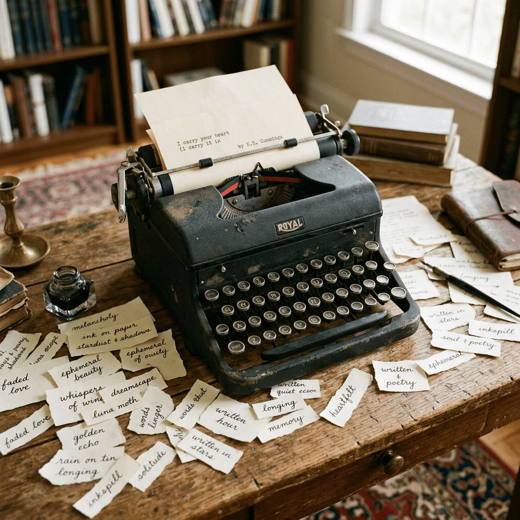 Vintage Royal typewriter on wooden desk with typed poem and scattered handwritten notes