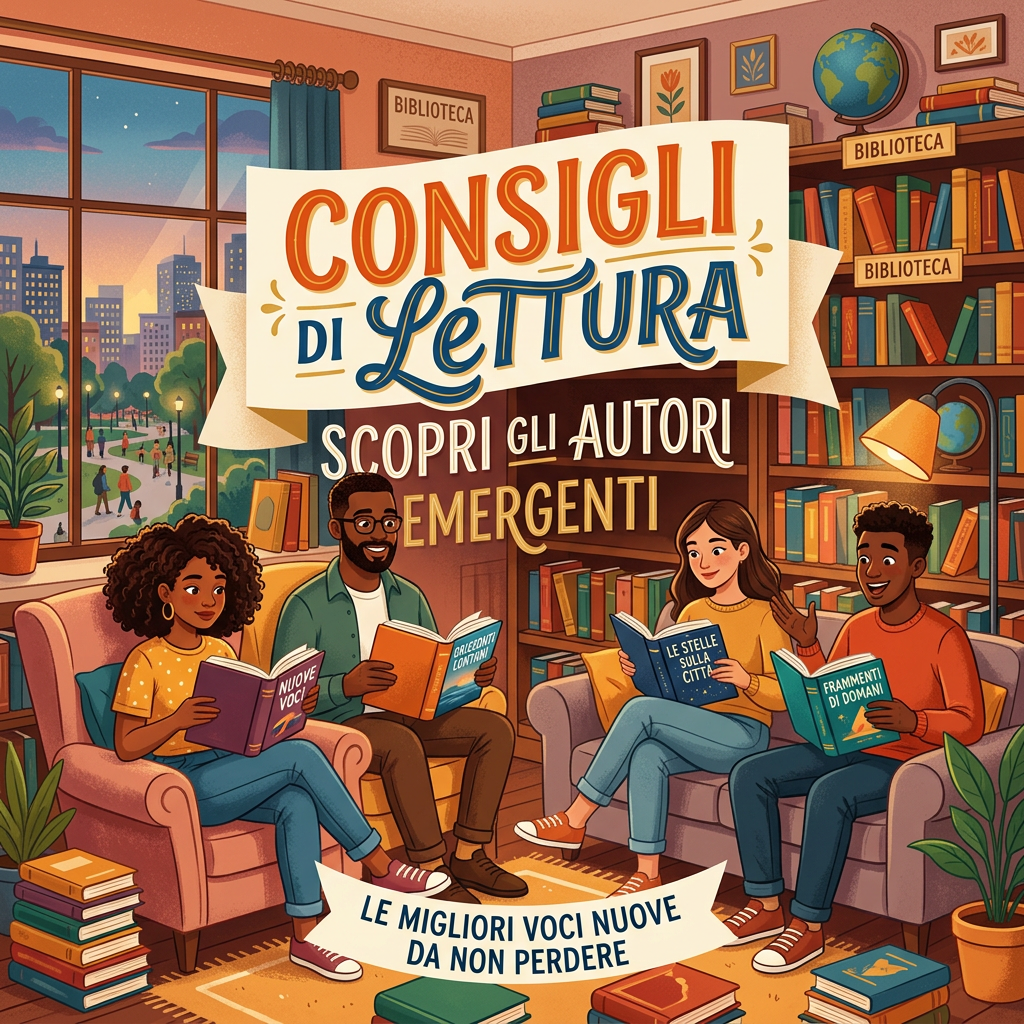 Four people sitting in a library reading books titled Nuove Voci, Orizzonti Lontani, Le Stelle Sulla Città, Frammenti Di Domani